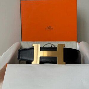 Hermes Reversible Solid Black Belt Gold Buckle Size 95 Fits Mens Waist 34-36